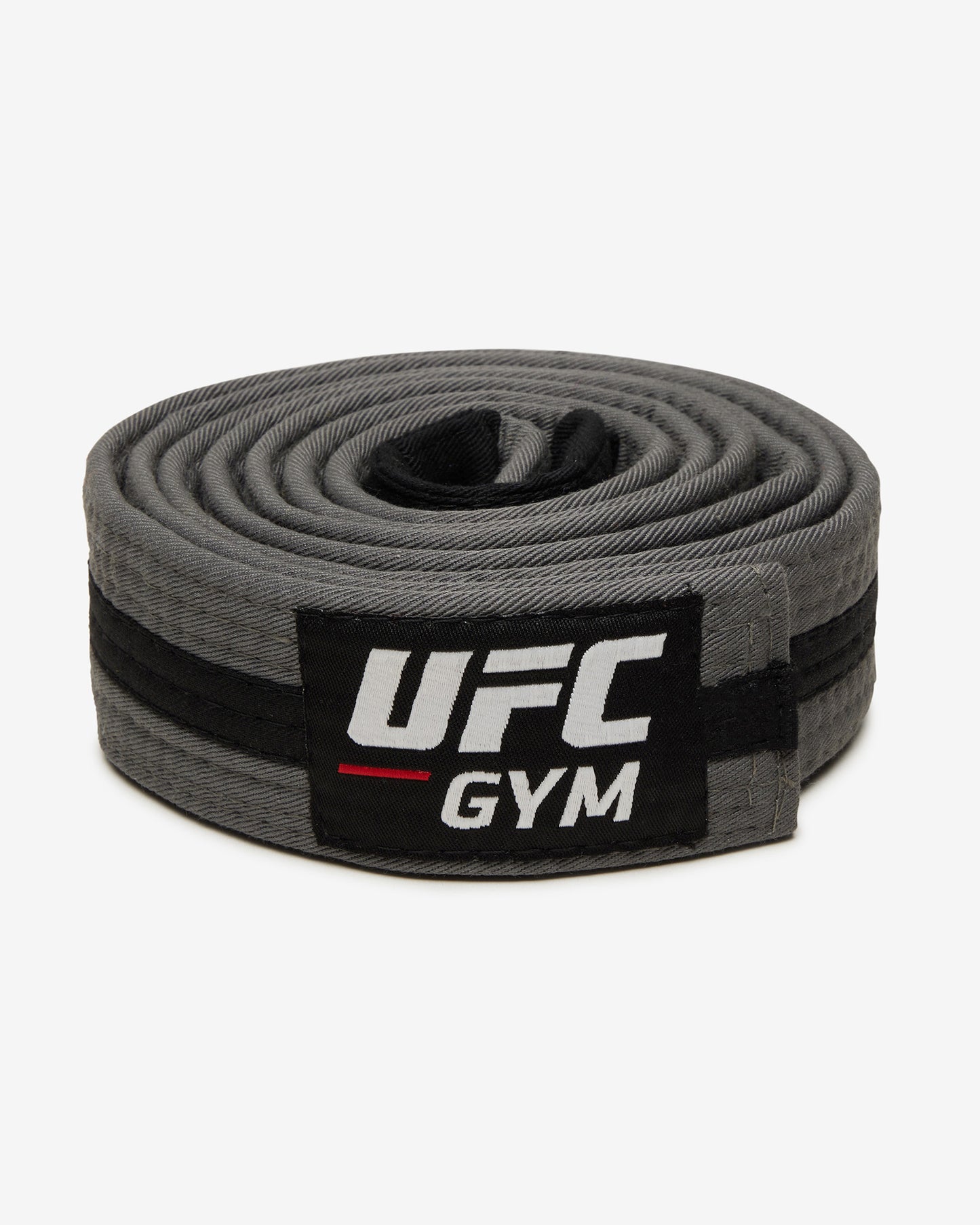 Gray UFC Gym belt with a black stripe on a white background facing forward