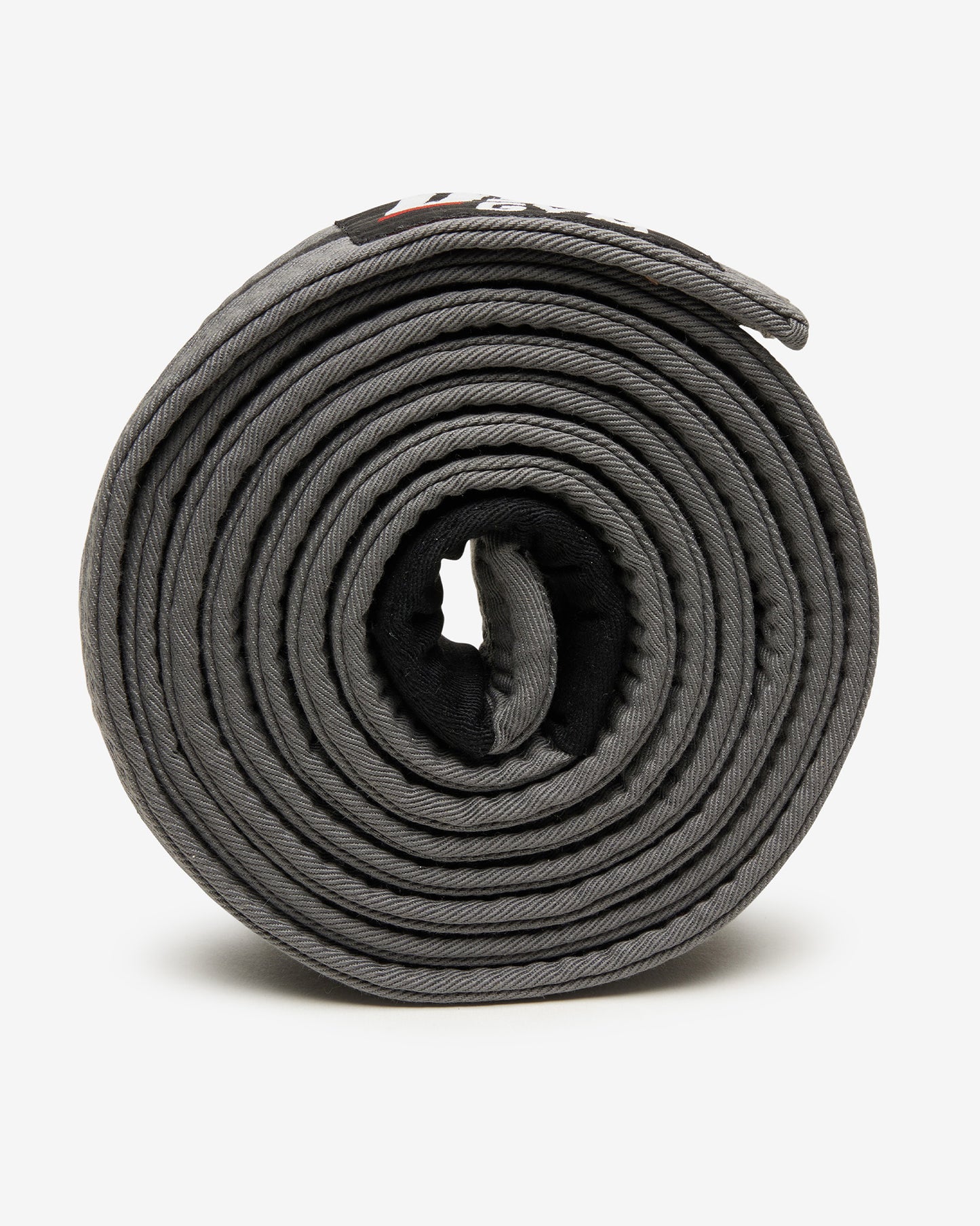 Gray UFC Gym belt with a black stripe on a white background on it's side