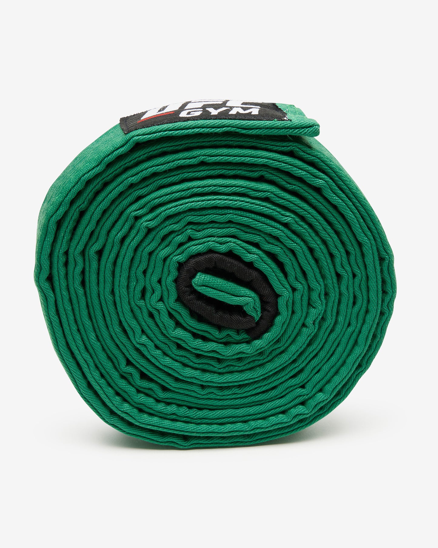 Green Brazilian Jiu-Jitsu belt with a brand label on a white background turned on it's side