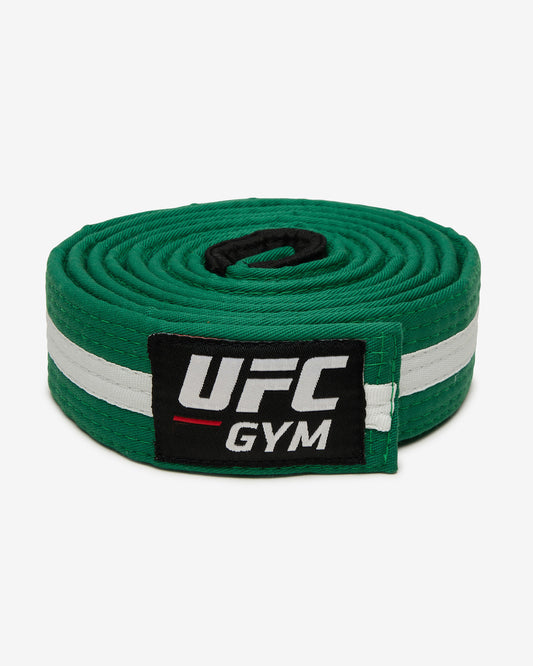 Green with a white stripe UFC Gym Brazilian Jiu Jitsu belt on a white background front-facing