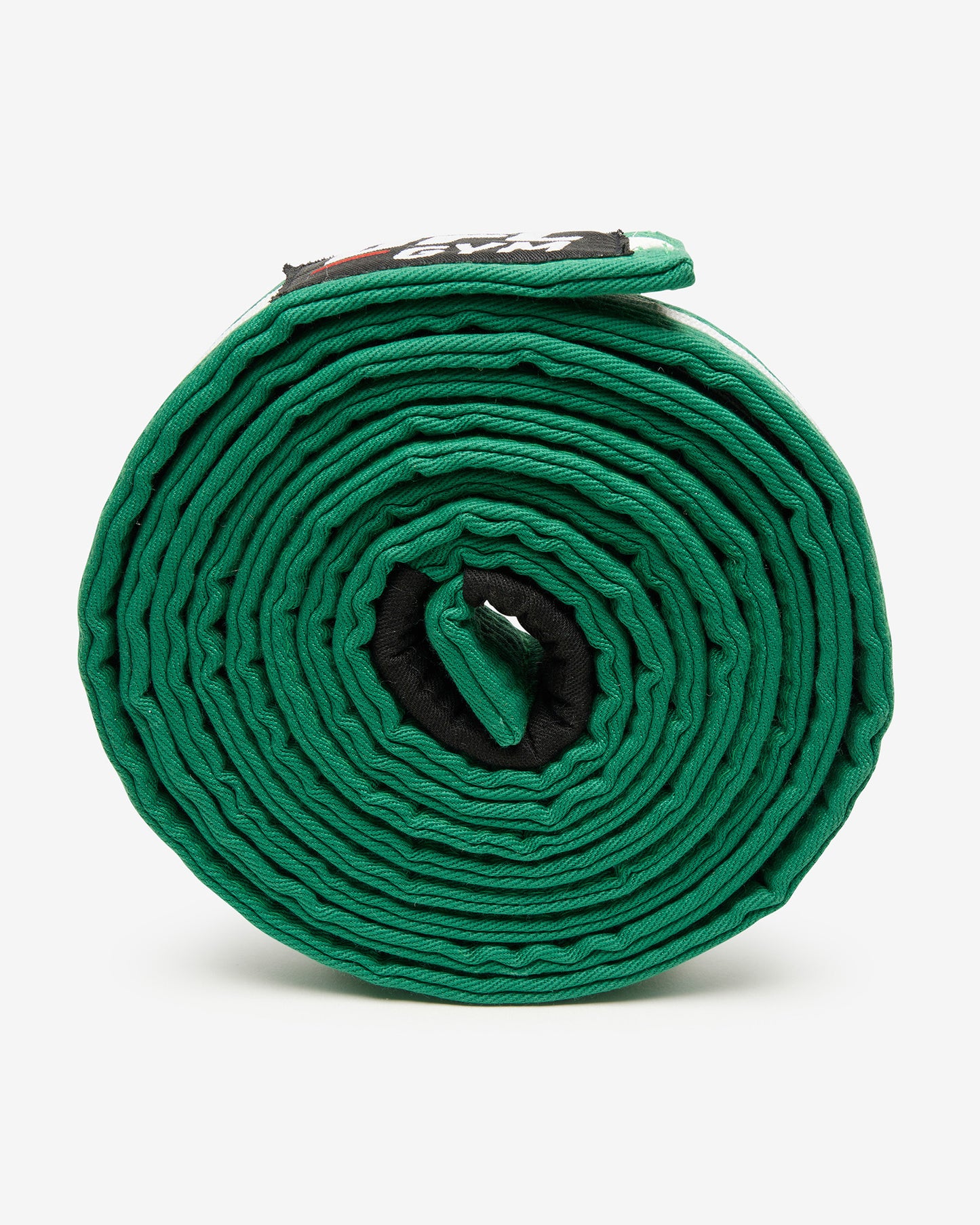 Green with a white stripe Brazilian Jiu-Jitsu belt with a brand label on a white background turned on it's side