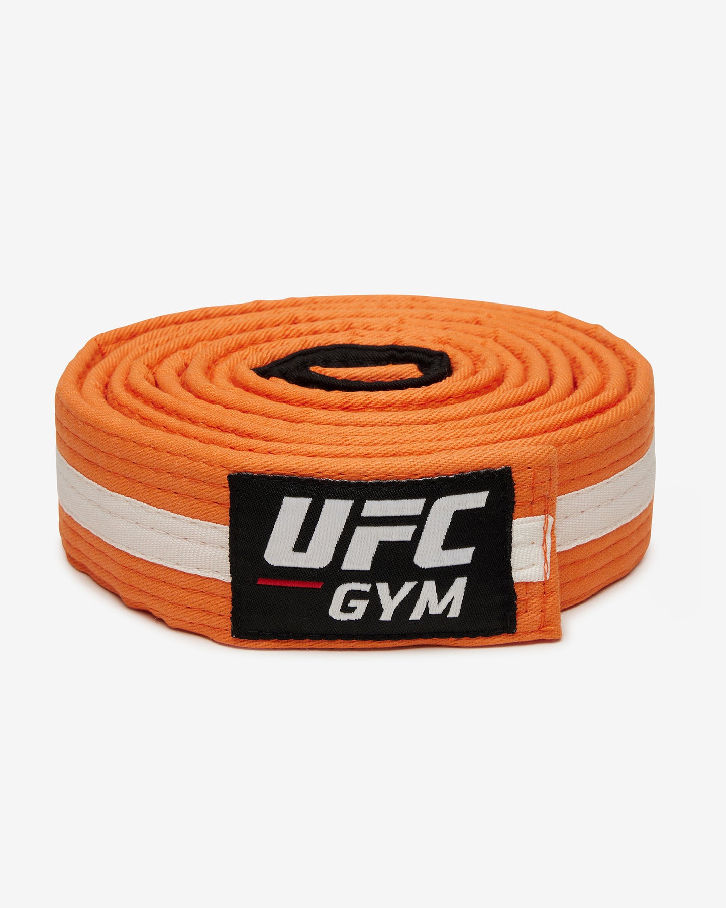Orange UFC Gym belt with a white stripe on a white background facing forward