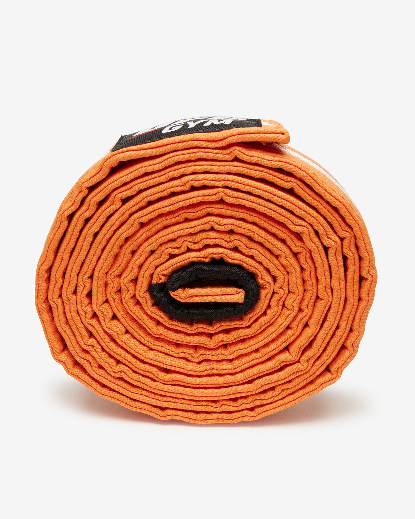 Orange UFC Gym belt with a white stripe on a white background on its side