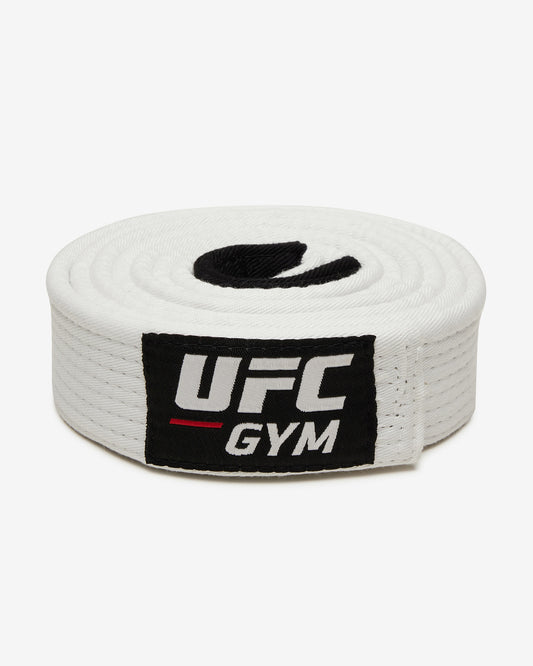 White UFC Gym belt with red and white logo on a white background front-facing view