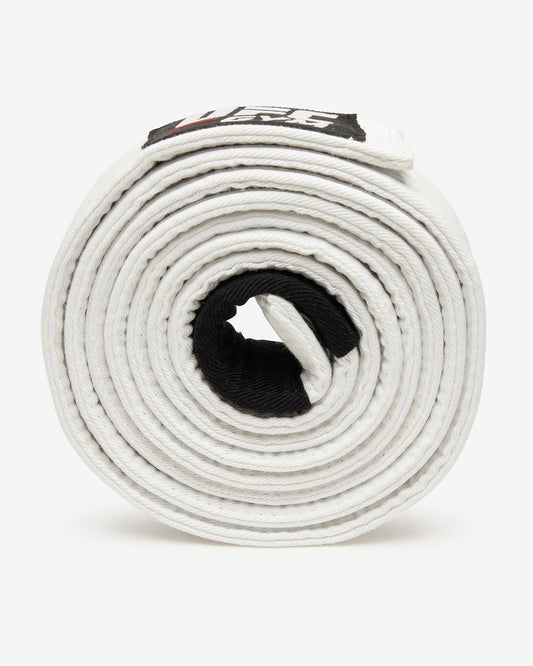 White UFC Gym belt with red and white logo on a white background on it's side