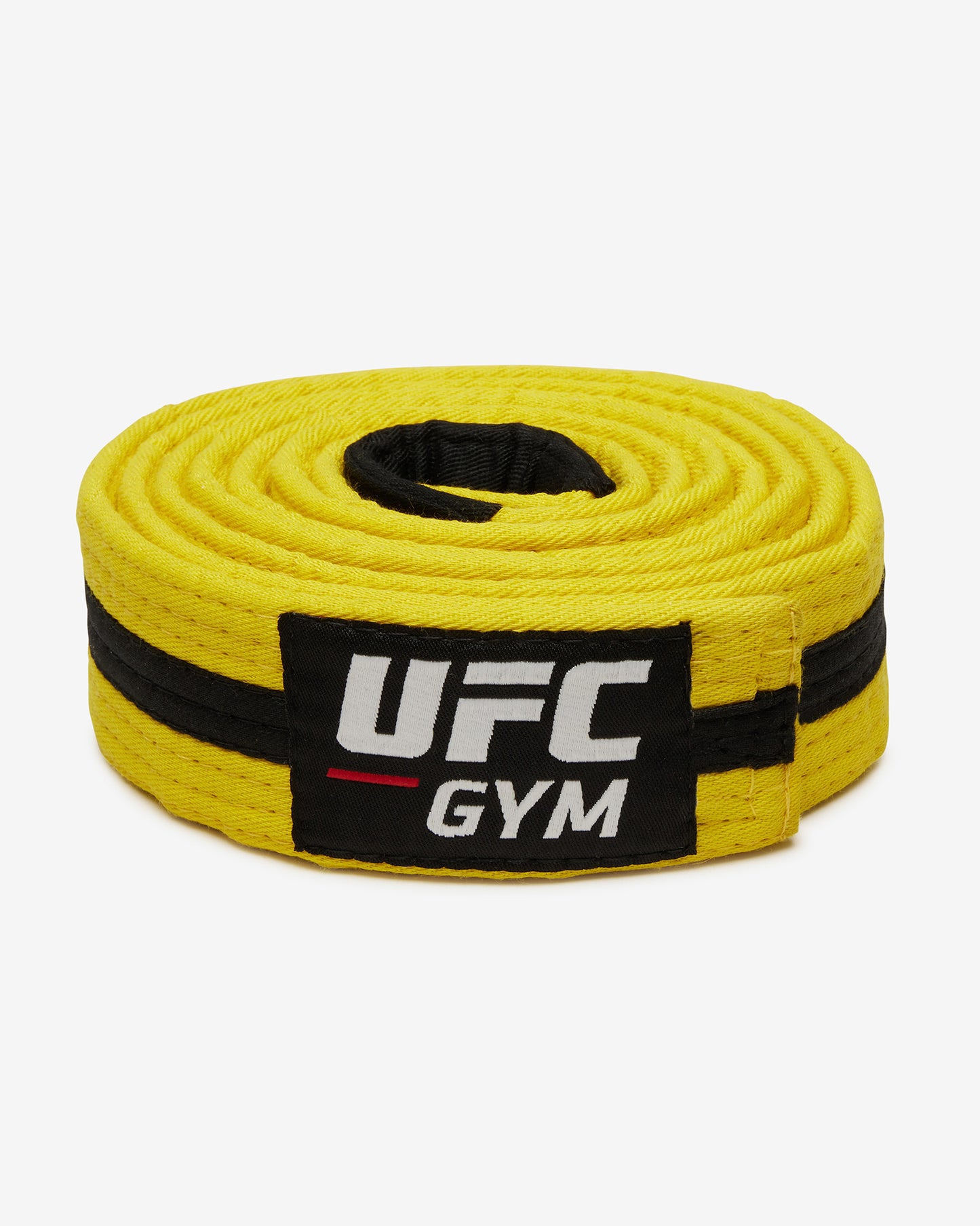 Yellow UFC Gym belt with a black stripe on a white background facing forward