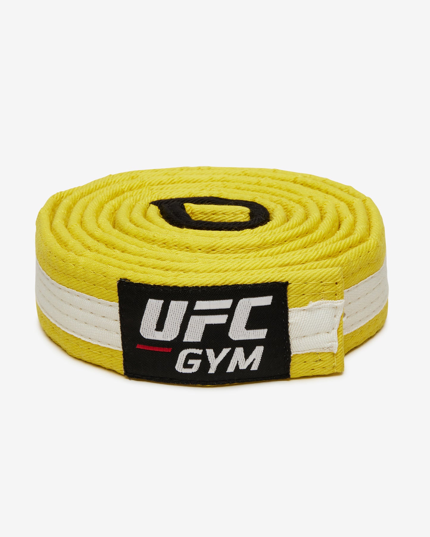 Yellow UFC Gym belt with a white stripe on a white background facing forward