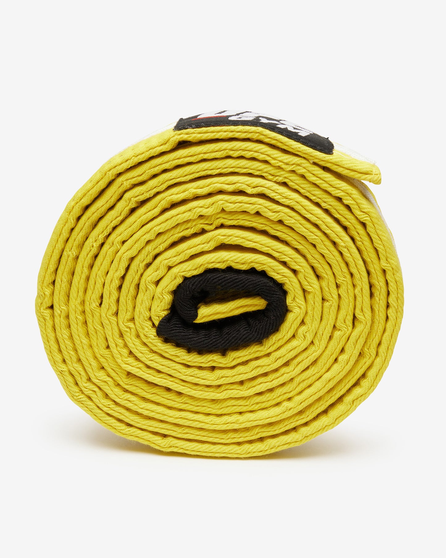 Yellow UFC Gym belt with a black stripe on a white background on its side