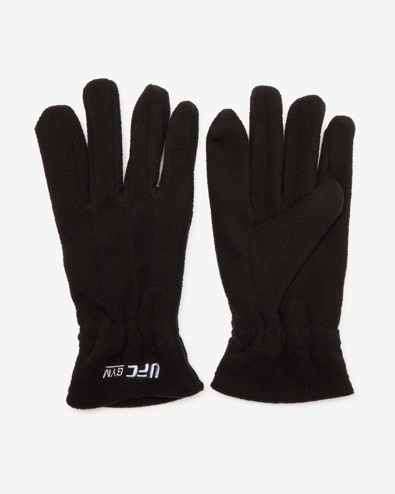 Pair of black gloves with a brand logo on a white background
