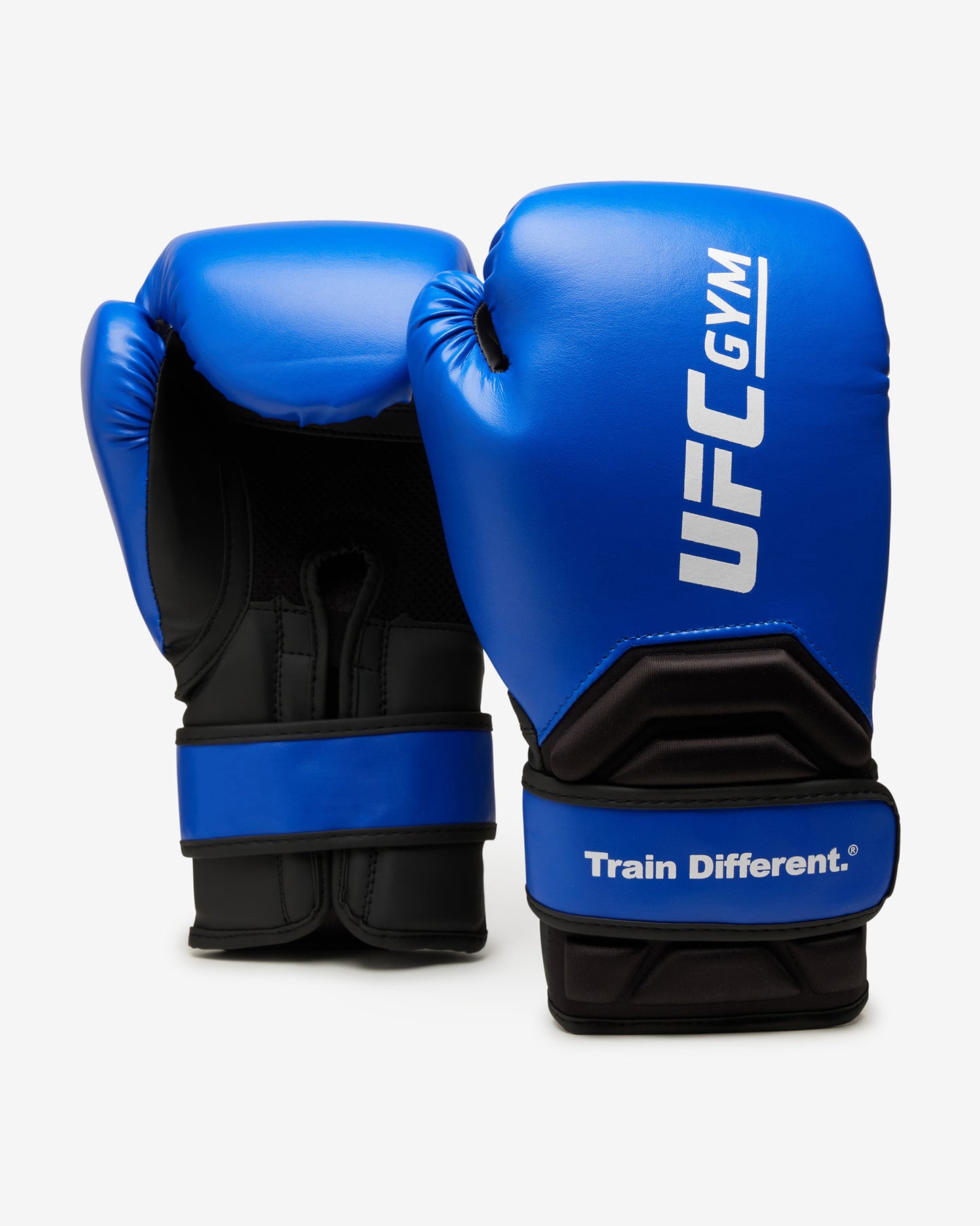 Two blue TD ADULT BOXING GLOVE BLUE by UFC Gym are shown on a white background; one displays the UFC Gym and “Train Different.” text, while the other reveals both back and palm sides, highlighting their protective performance design.