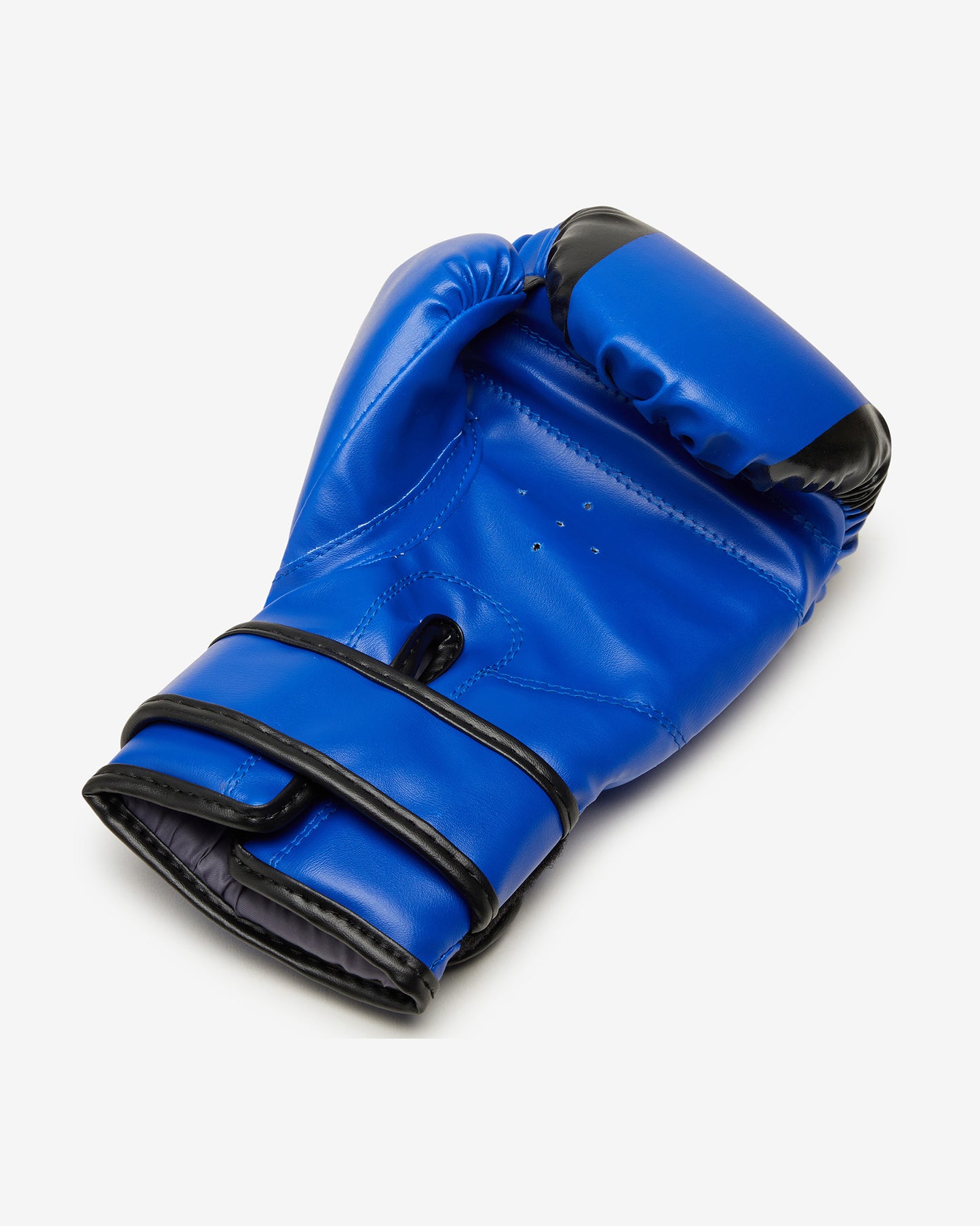 Blue boxing glove with black accents on a white background