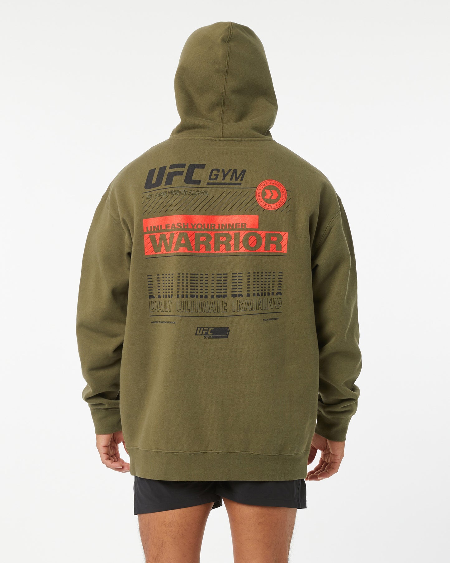 Green hoodie with UFC Gym branding on the back against a white background