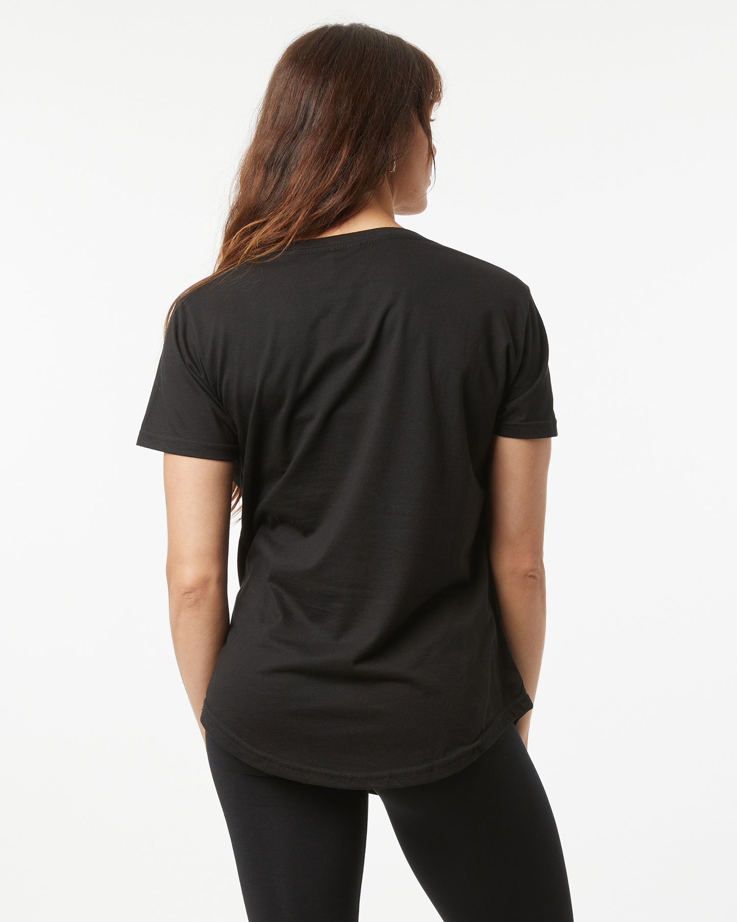 Person wearing a black t-shirt on a white background
