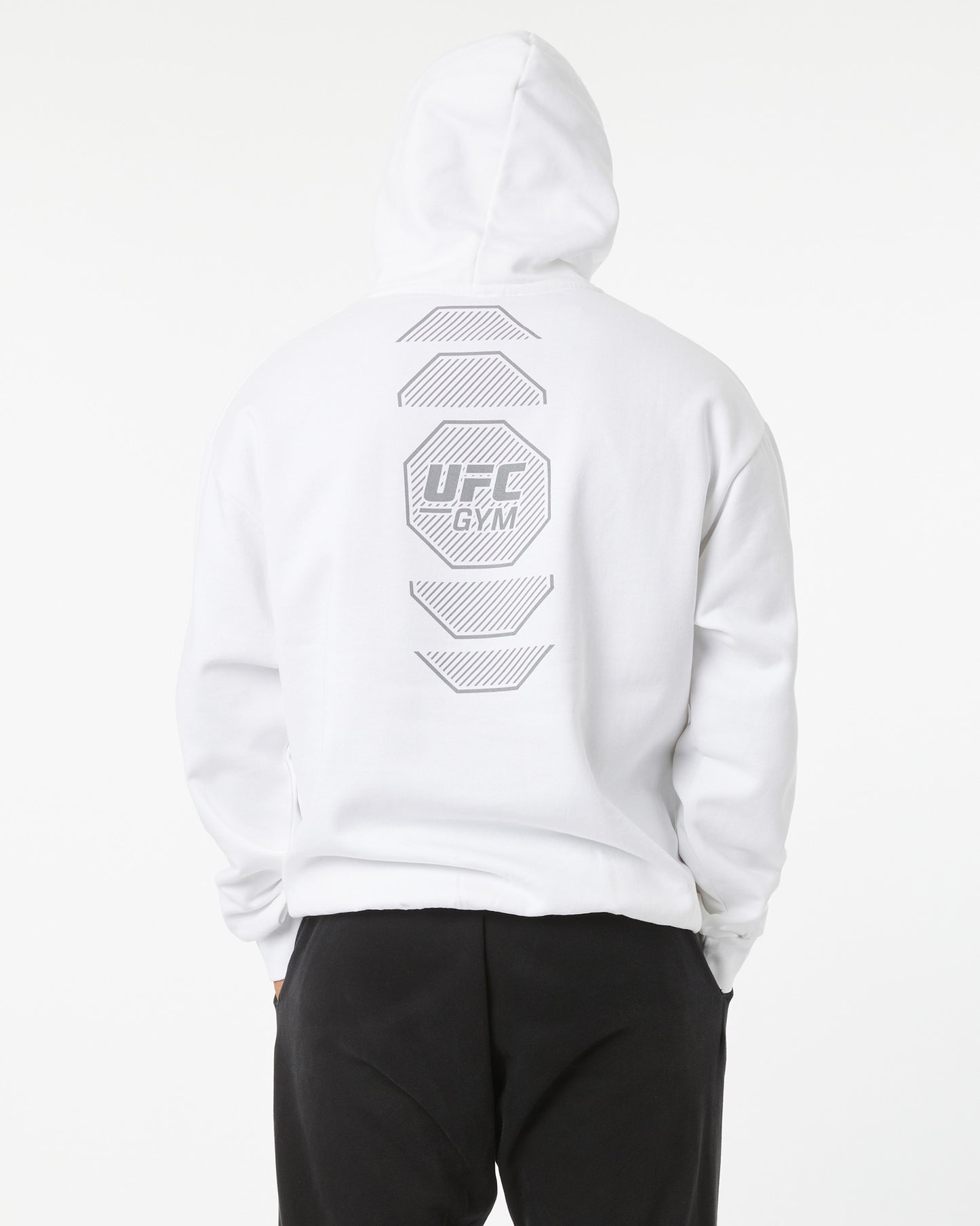White hoodie with UFC Gym logo on a white background back facing