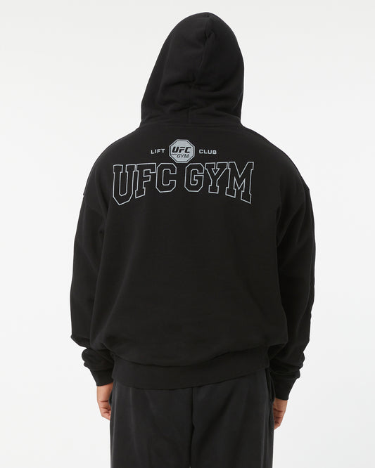 Black hoodie with 'UFC Gym' and 'LIFT CLUB' text on the back against a white background