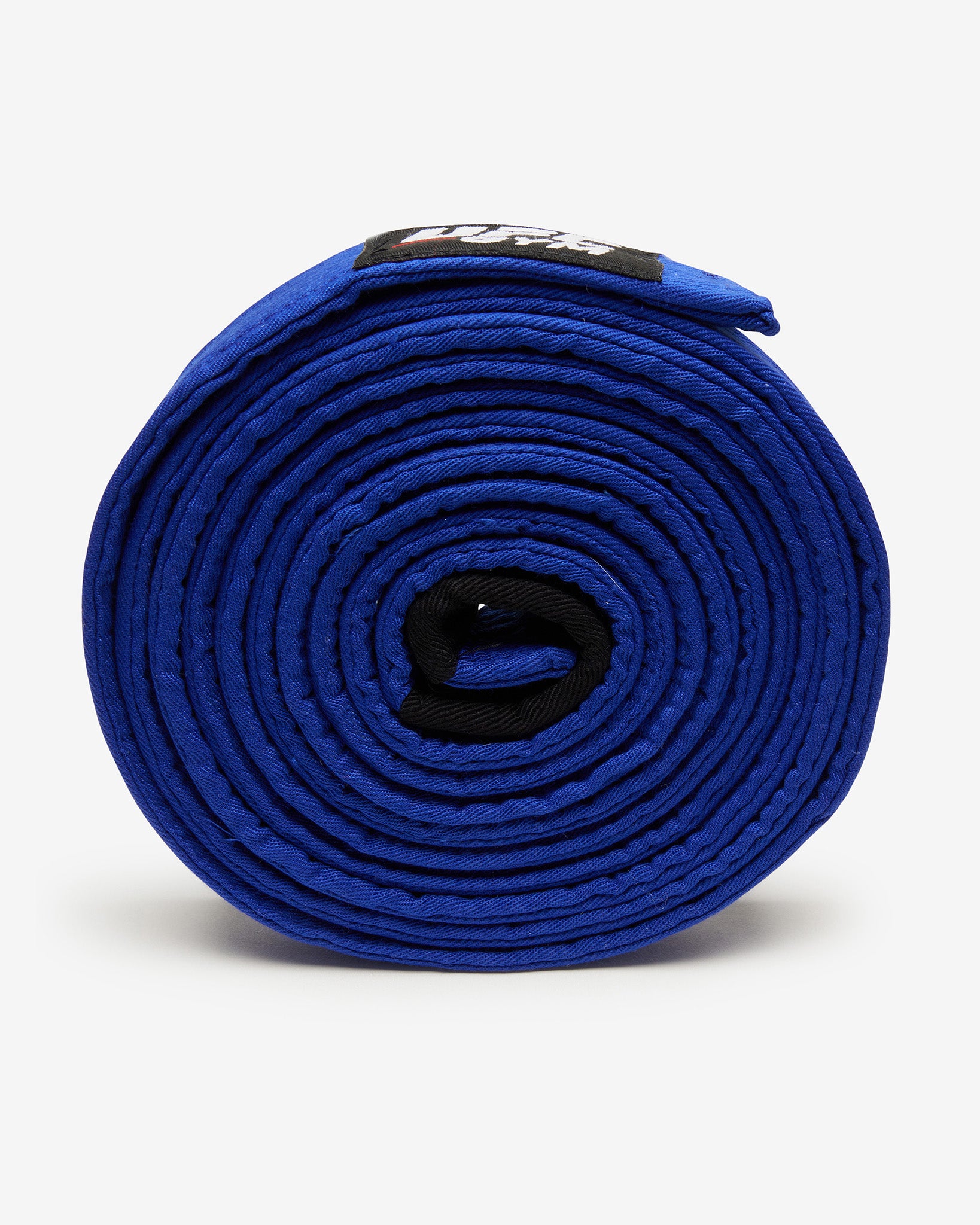 Roll of blue fabric with a black strap on a white background on it's side