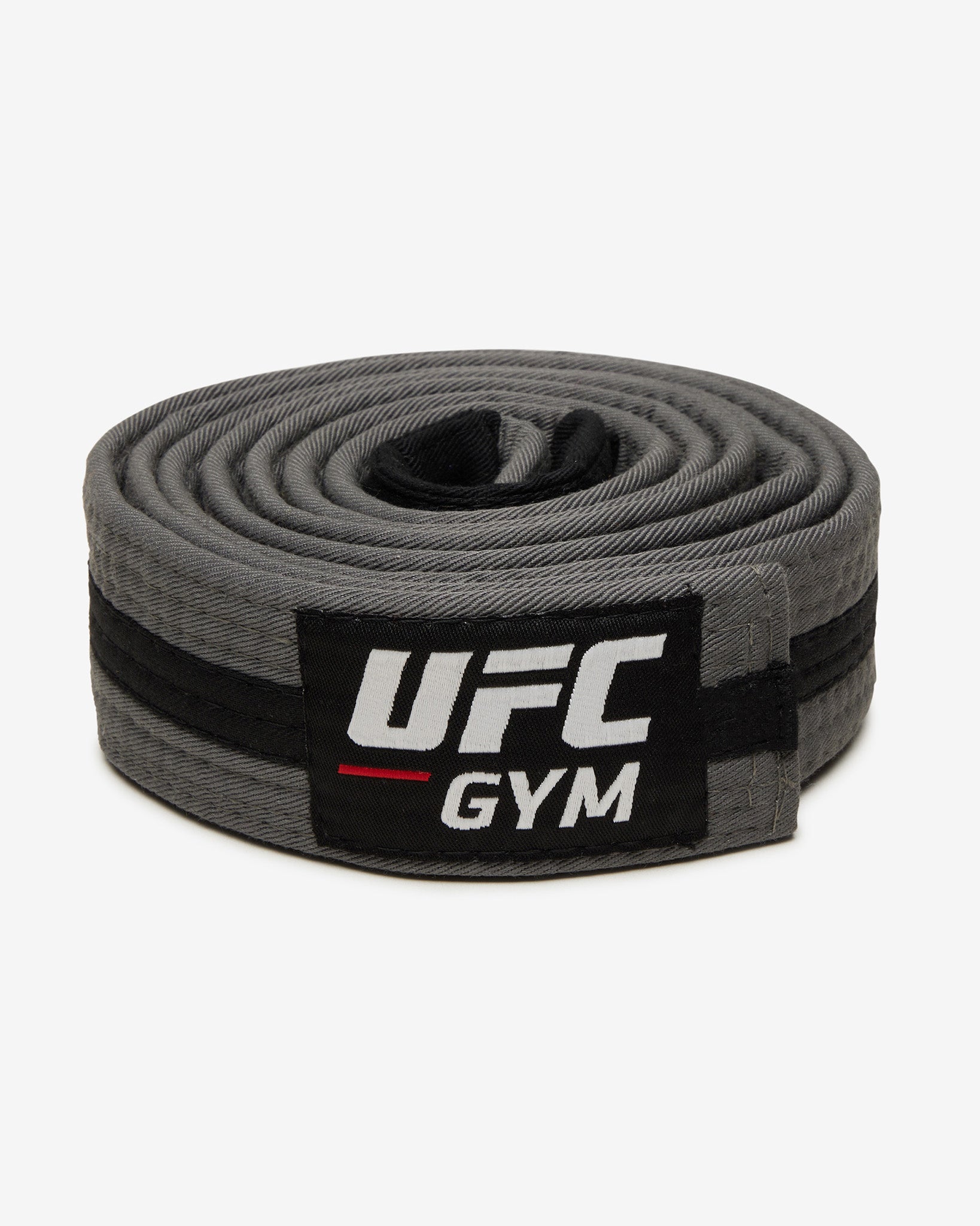 Gray UFC Gym belt with a black stripe on a white background facing forward