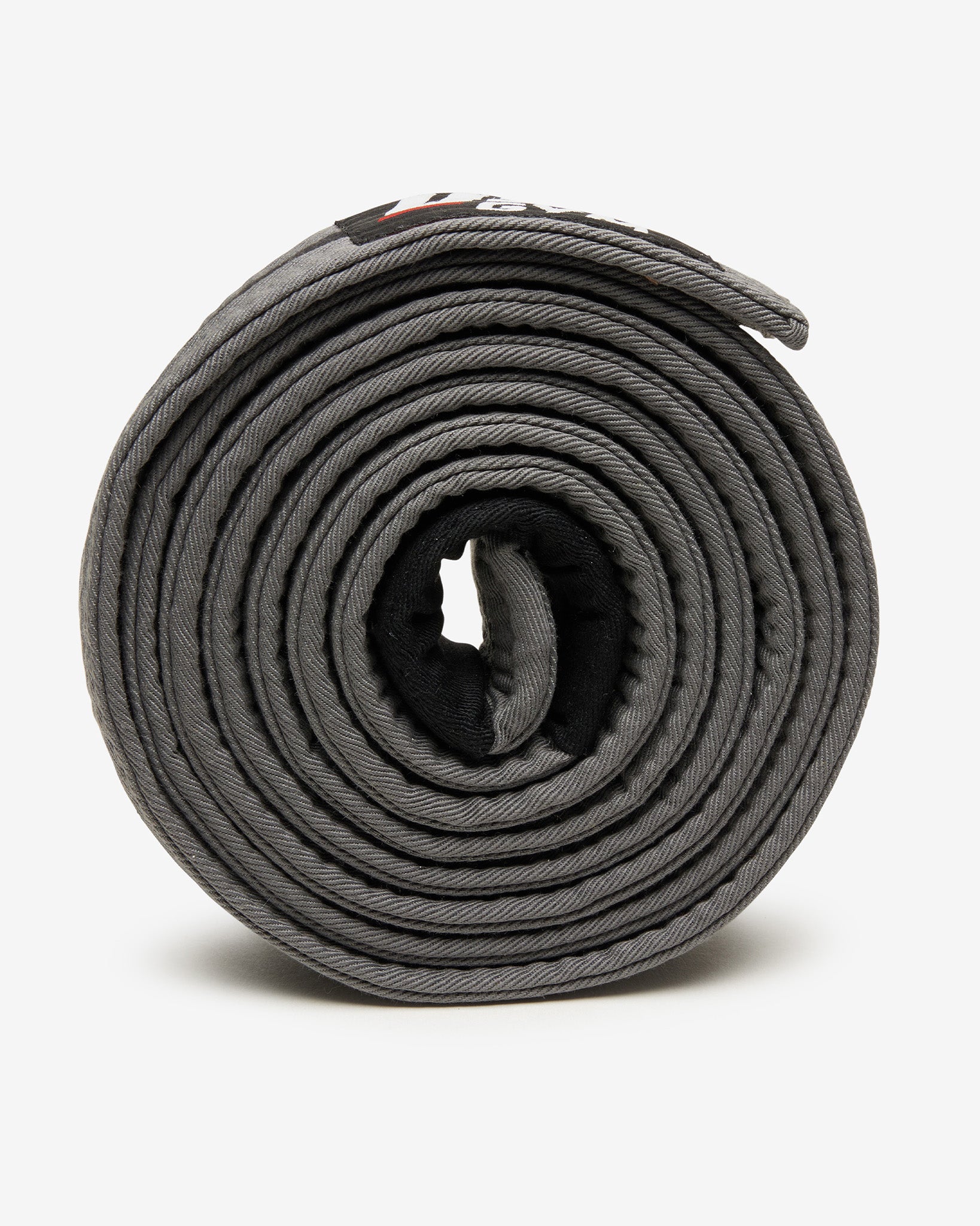 Gray UFC Gym belt with a black stripe on a white background on it's side