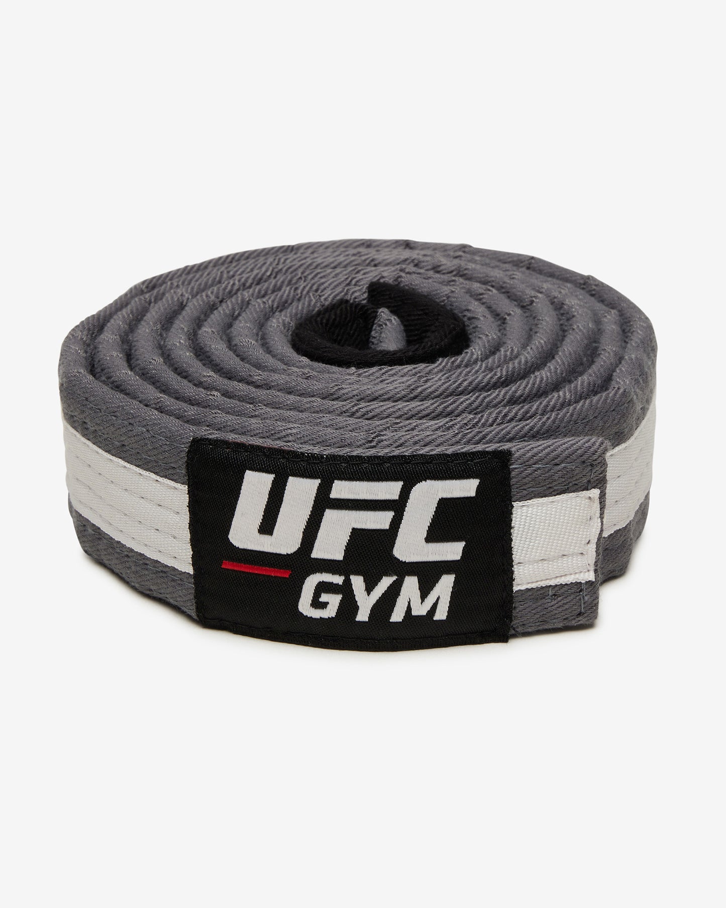 Gray UFC Gym belt with a white stripe on a white background facing forward