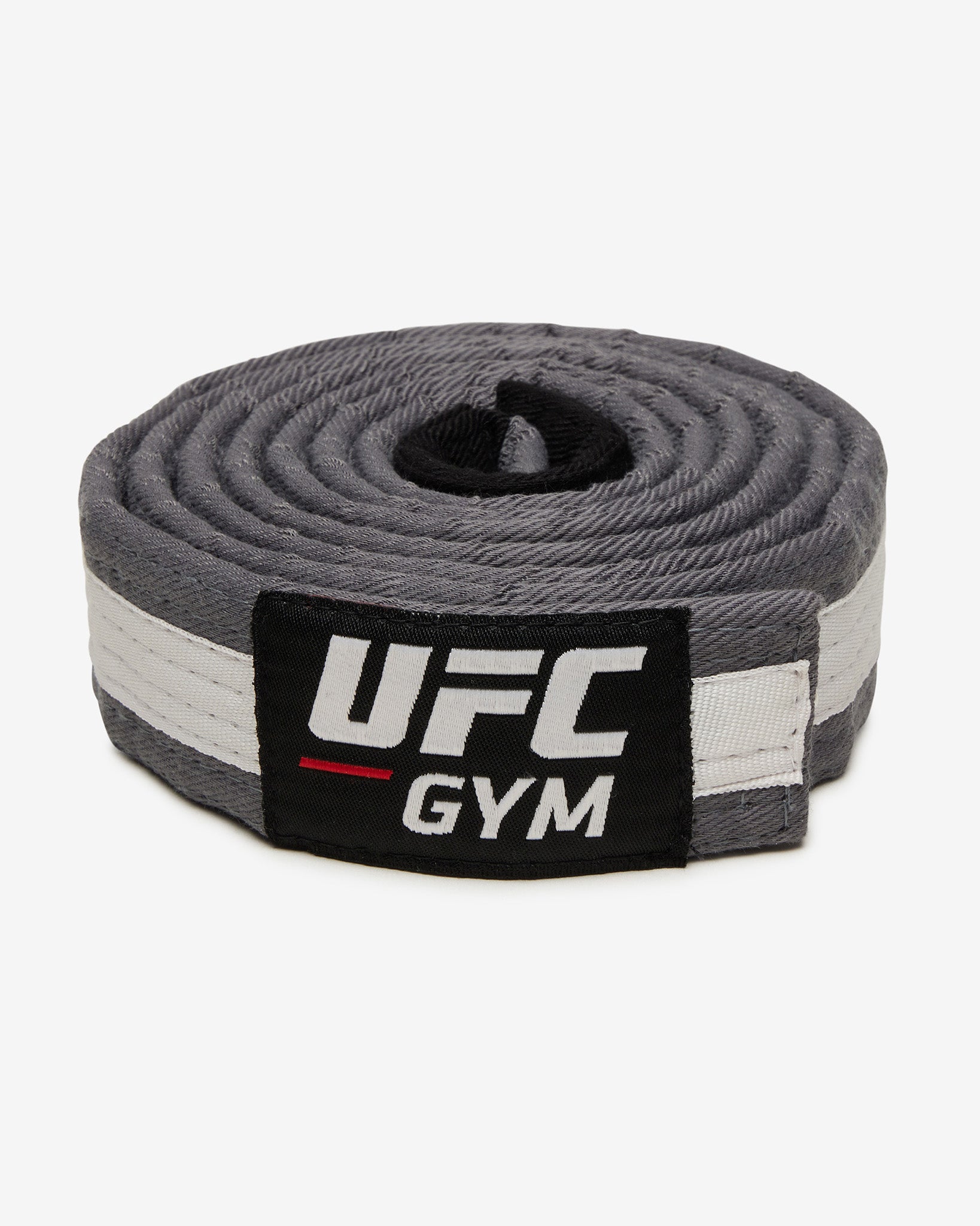 Gray UFC Gym belt with a white stripe on a white background facing forward