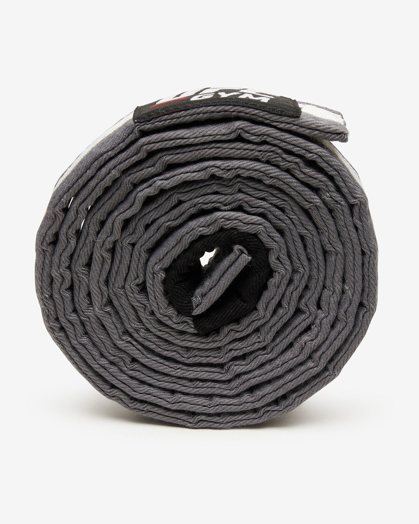Gray UFC Gym belt with a white stripe on a white background on its side