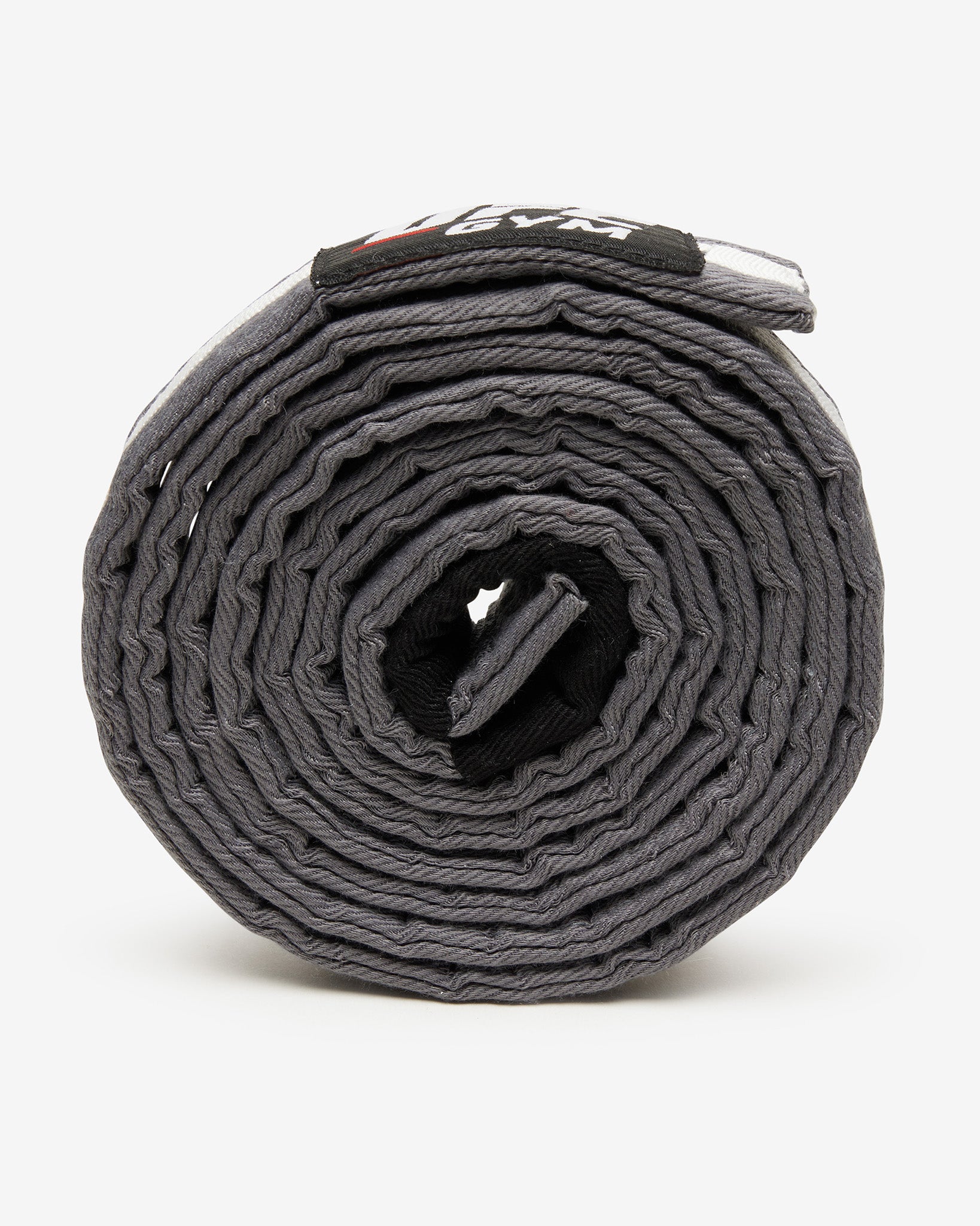 Gray UFC Gym belt with a white stripe on a white background on its side