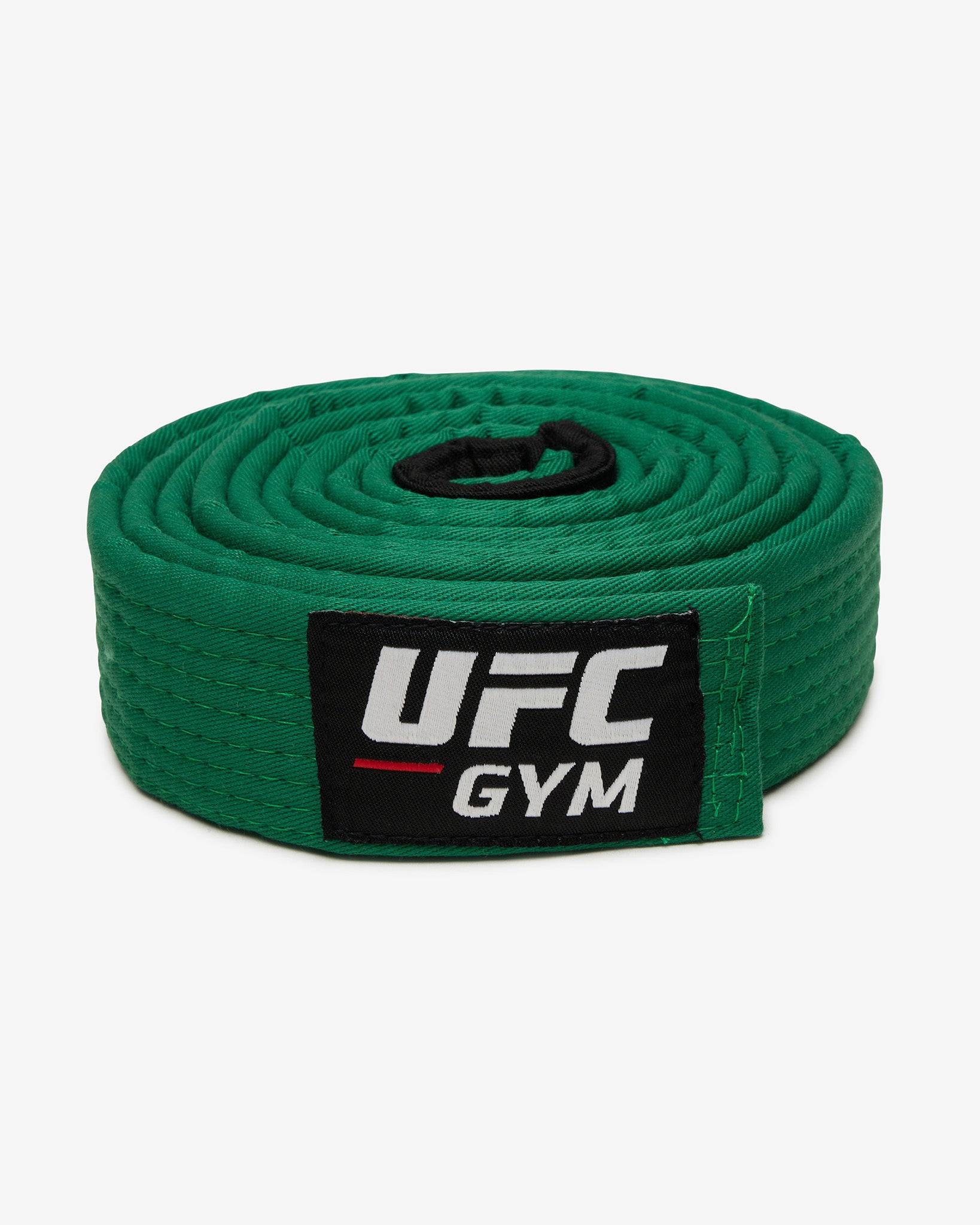 Green UFC Gym Brazilian Jiu Jitsu belt on a white background front-facing