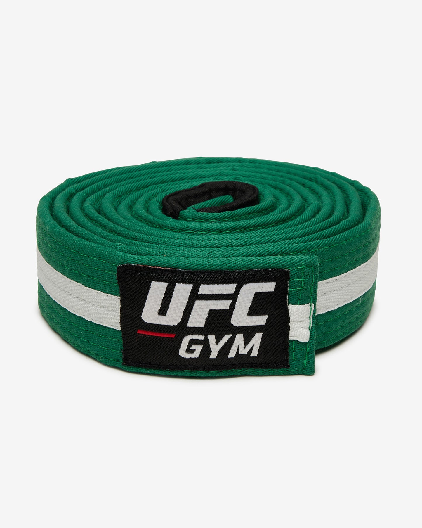 Green with a white stripe UFC Gym Brazilian Jiu Jitsu belt on a white background front-facing