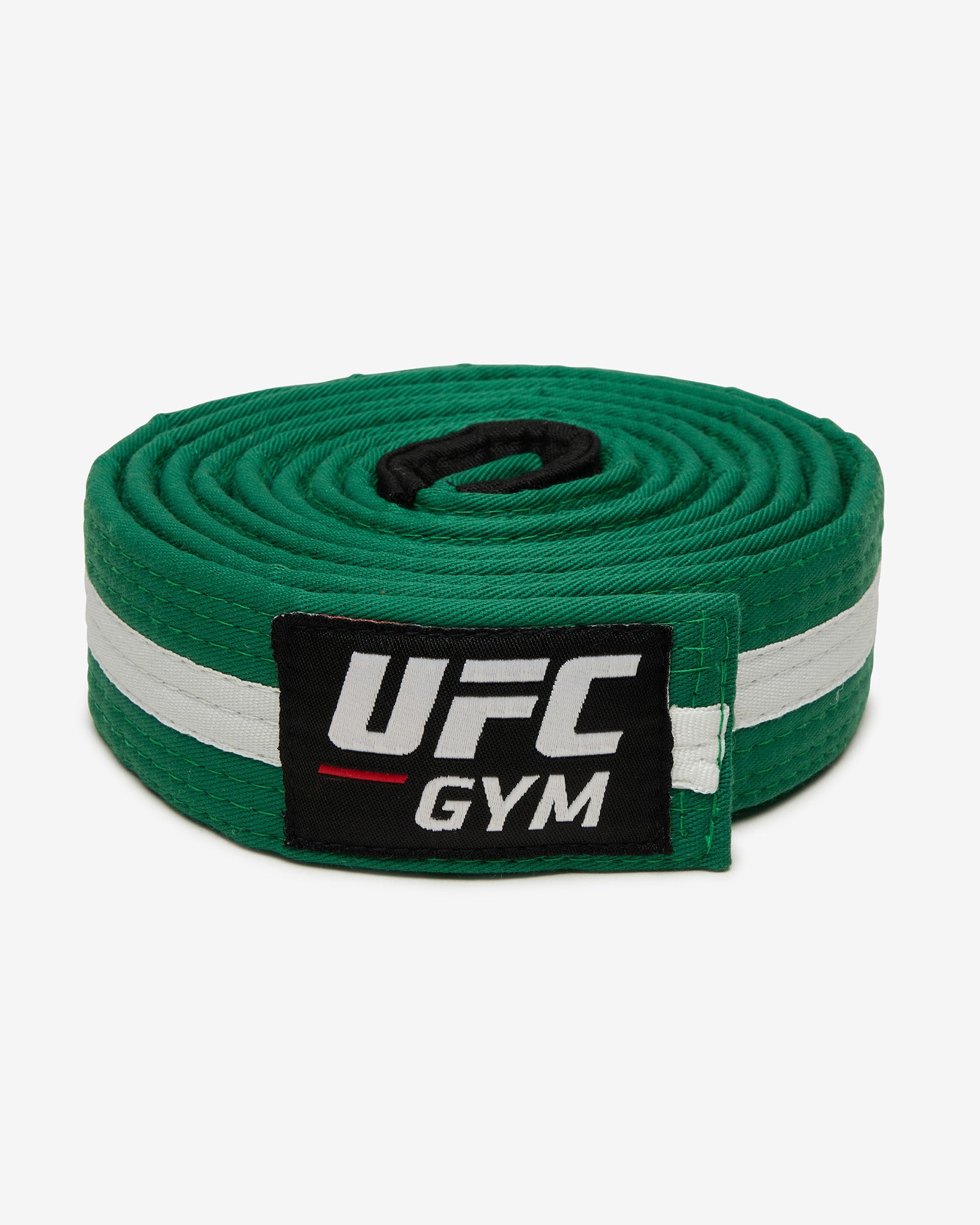 Green with a white stripe UFC Gym Brazilian Jiu Jitsu belt on a white background front-facing