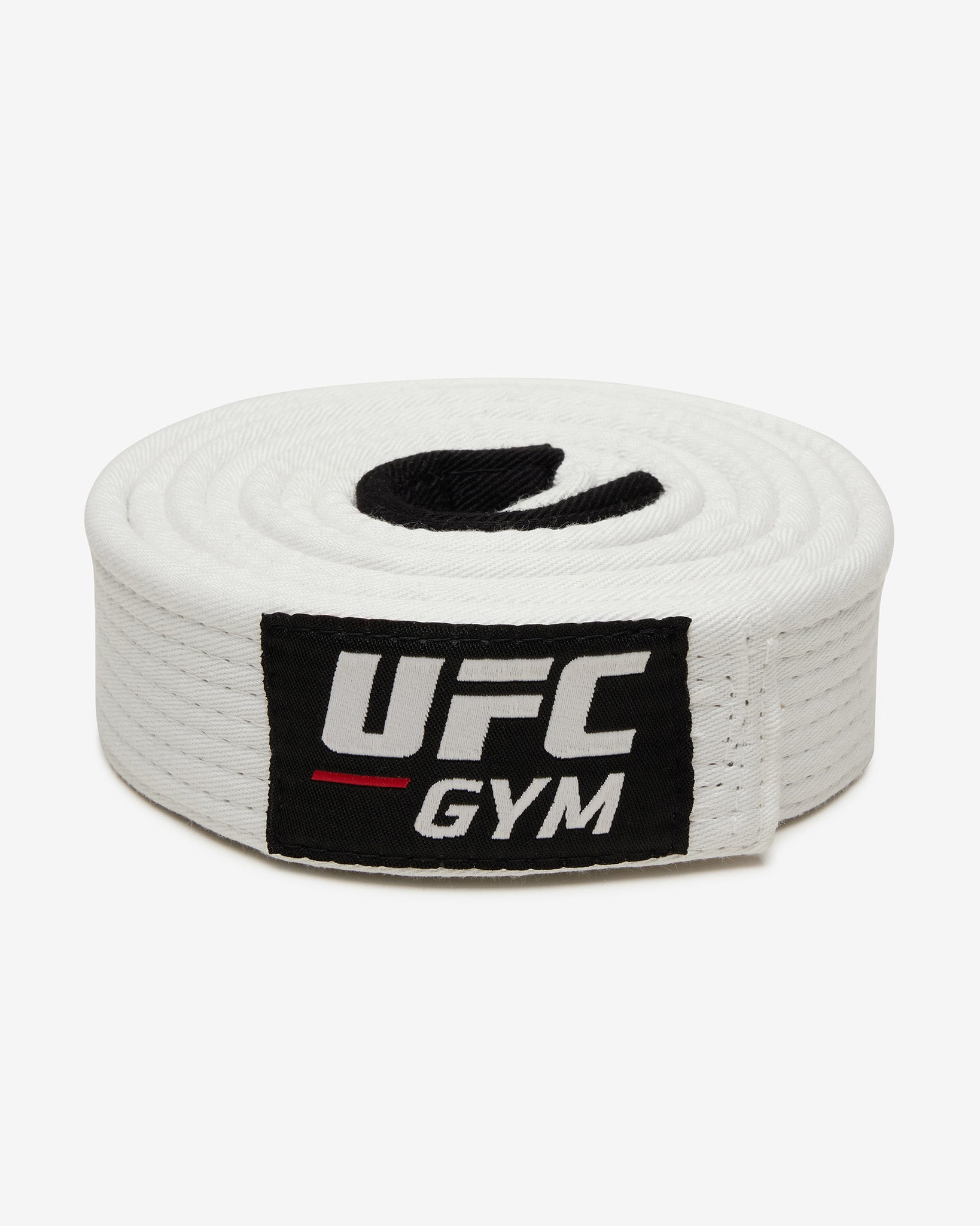 White UFC Gym belt with red and white logo on a white background front-facing view