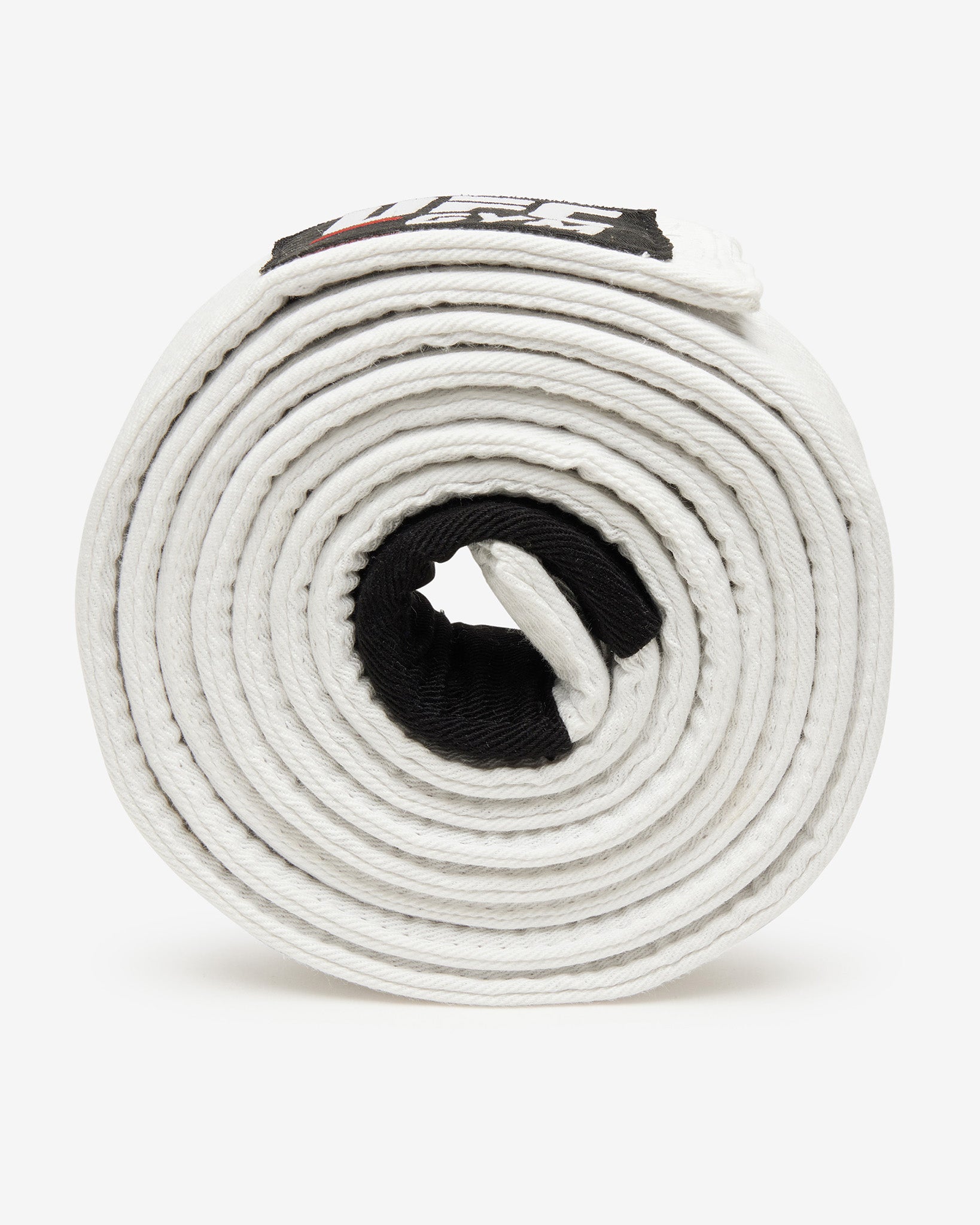White UFC Gym belt with red and white logo on a white background on it's side