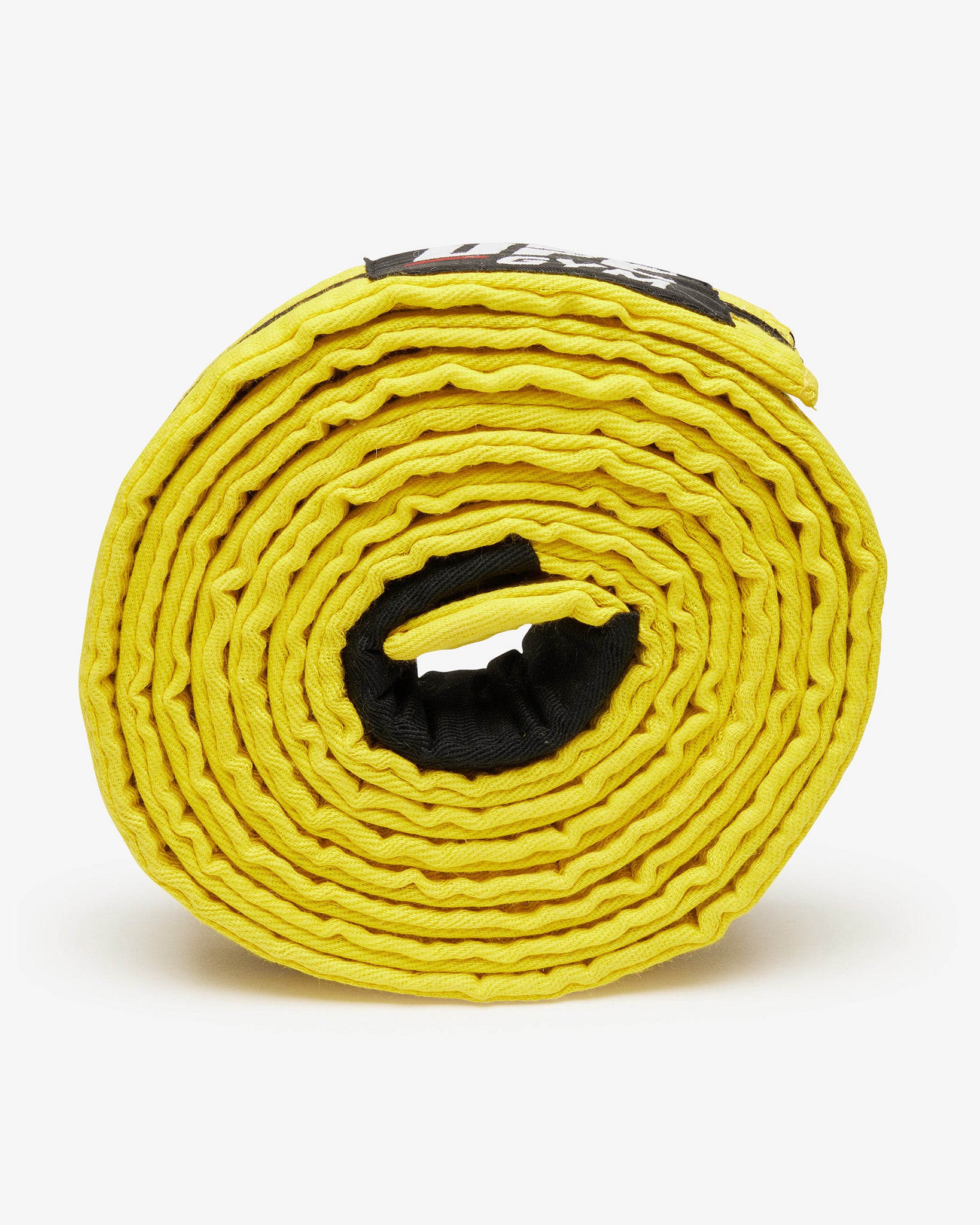Yellow UFC Gym belt with a black stripe on a white background on its side