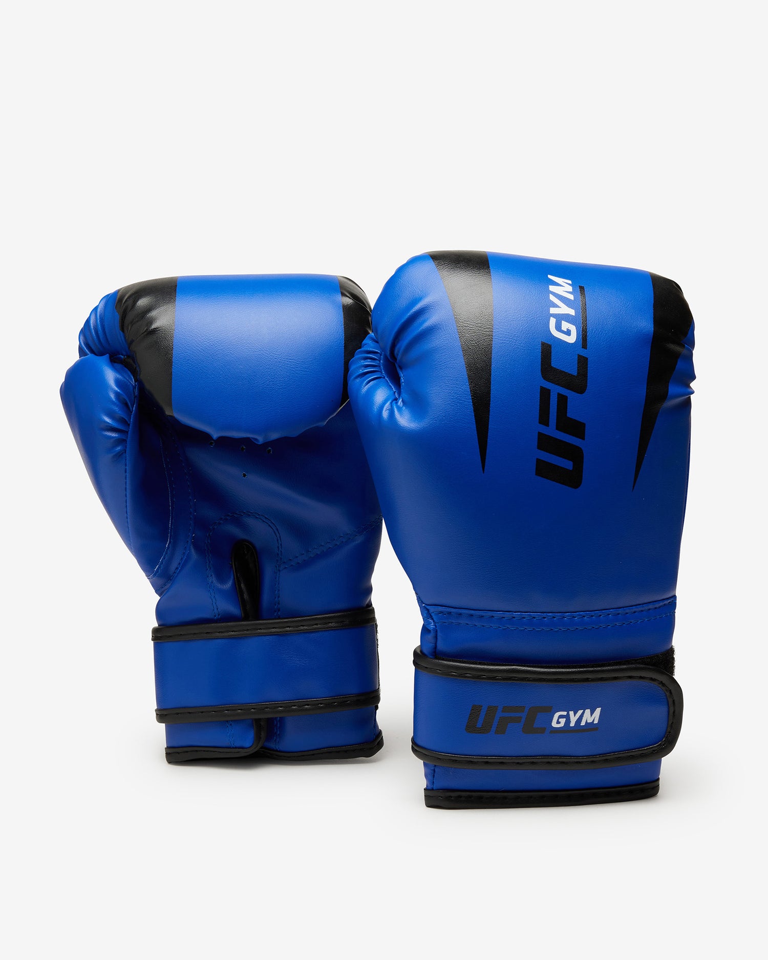 The TD YOUTH BOXING GLOVE BLUE by UFC Gym, designed for youth training, features blue gloves with black accents. Displayed on a white background, one glove faces forward and the other shows the back.