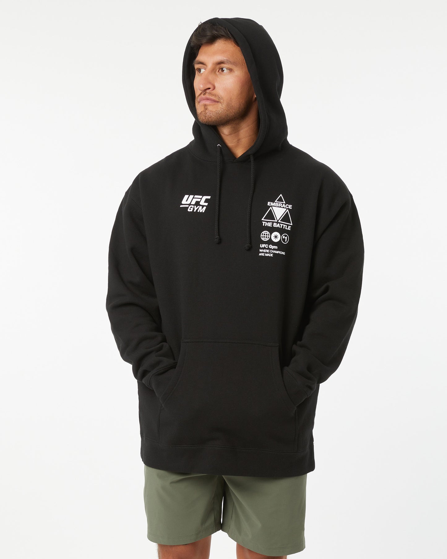 Person wearing a black UFC hoodie with branding on a white background hood up looking left