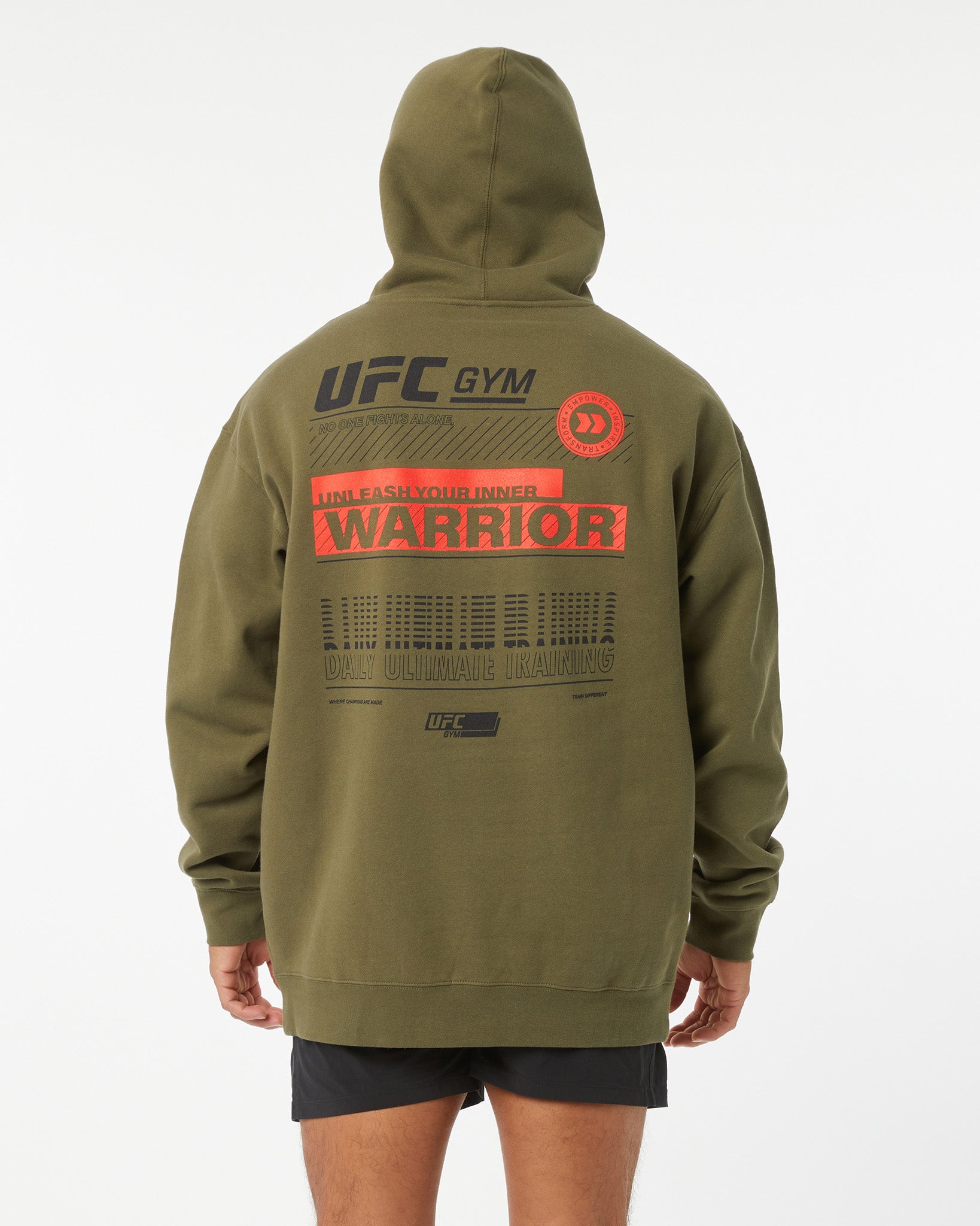 Green hoodie with UFC Gym branding on the back against a white background