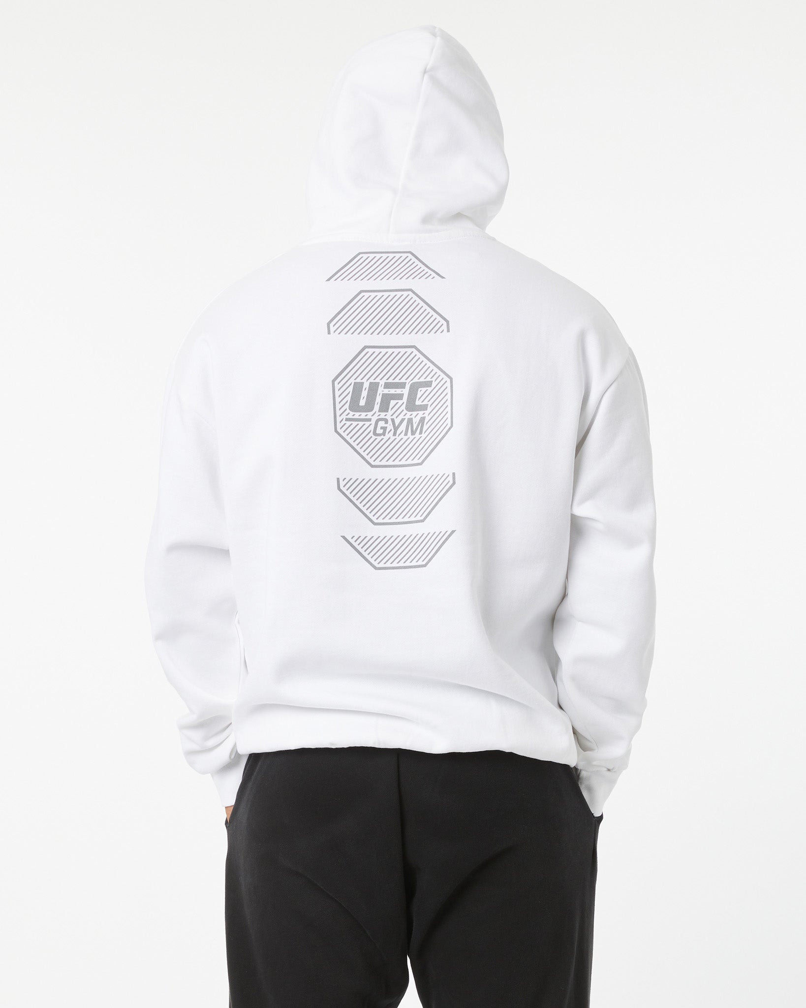 White hoodie with UFC Gym logo on a white background back facing