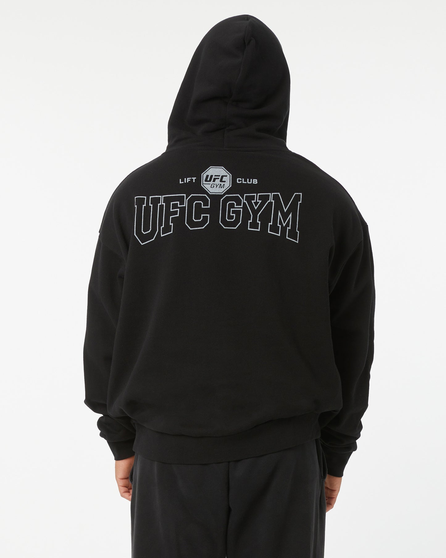 Black hoodie with 'UFC Gym' and 'LIFT CLUB' text on the back against a white background