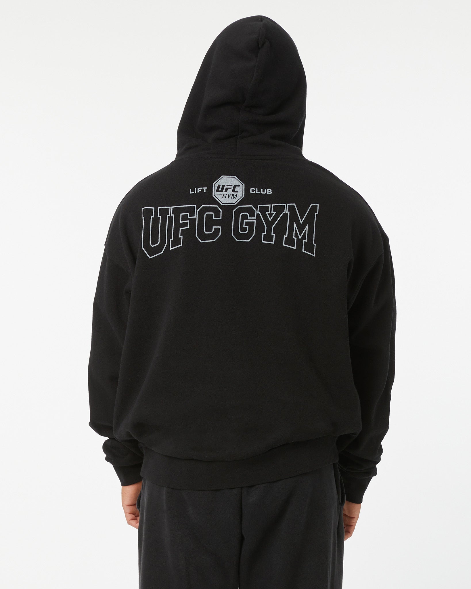 Black hoodie with 'UFC Gym' and 'LIFT CLUB' text on the back against a white background