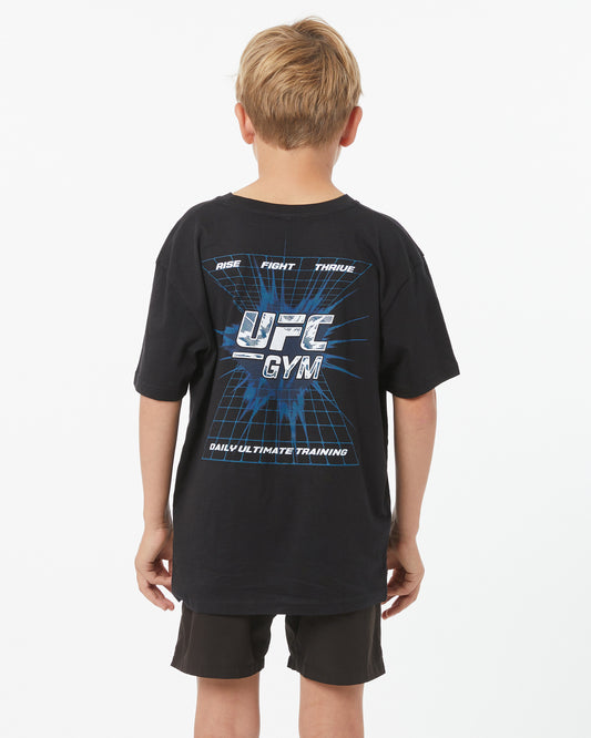 Child wearing a black UFC Gym t-shirt with branding on the back against a white background
